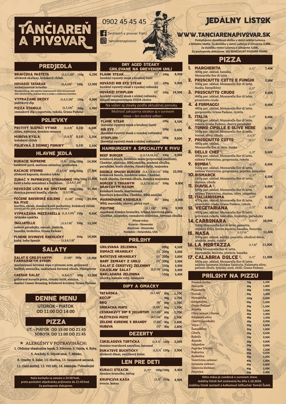 Jídelní lístek à la carte pro Tančiareň a pivovar FRANZ, list A3