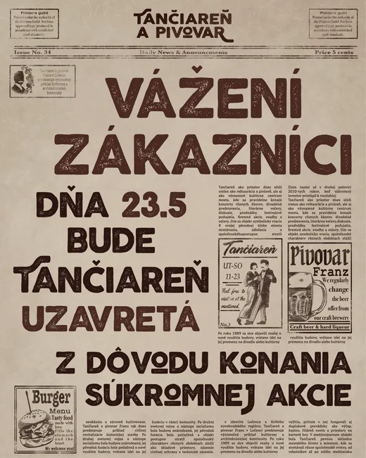 Oznámení pro zákazníky, příspěvek ve stylu novin, grafika pre FRANZ