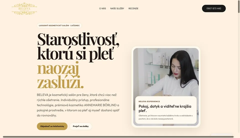 BELEVA, úvodní stránka webu
