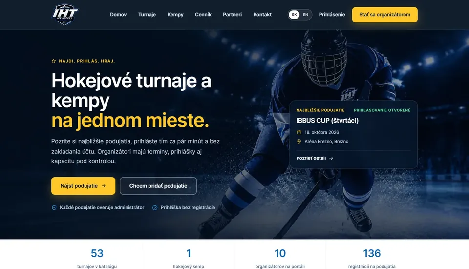 Ice Hockey Tournaments, úvodní stránka webu