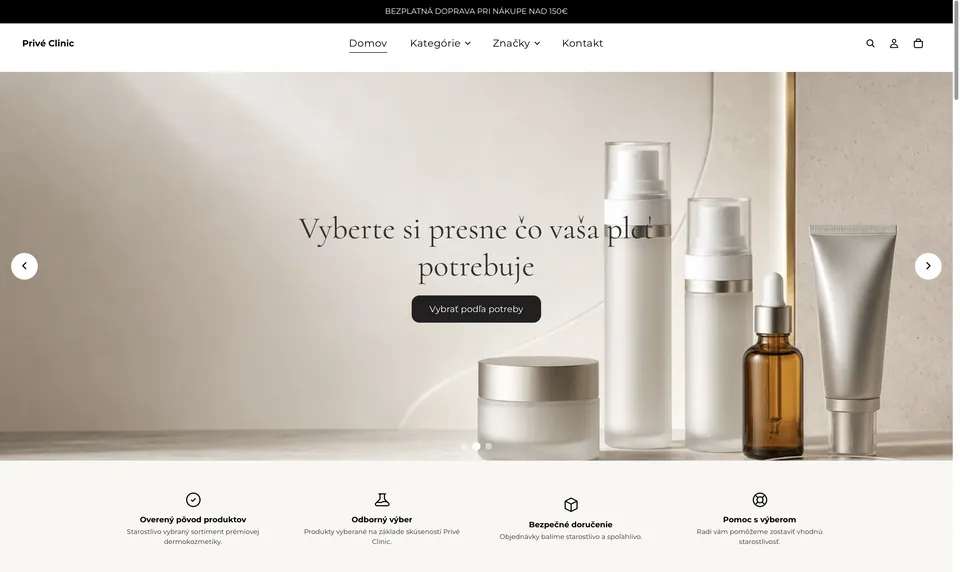 Privé Clinic e-shop, úvodní stránka webu