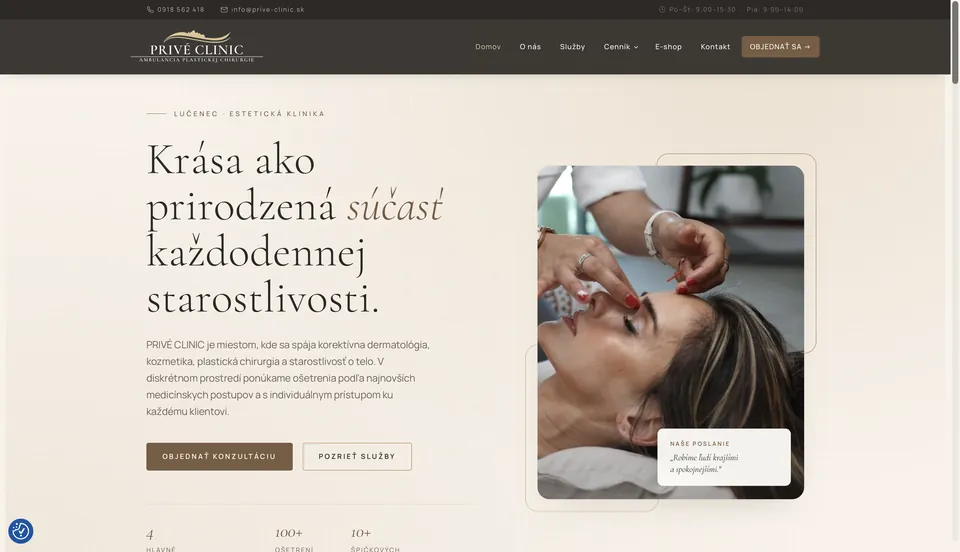 Privé Clinic, úvodní stránka webu